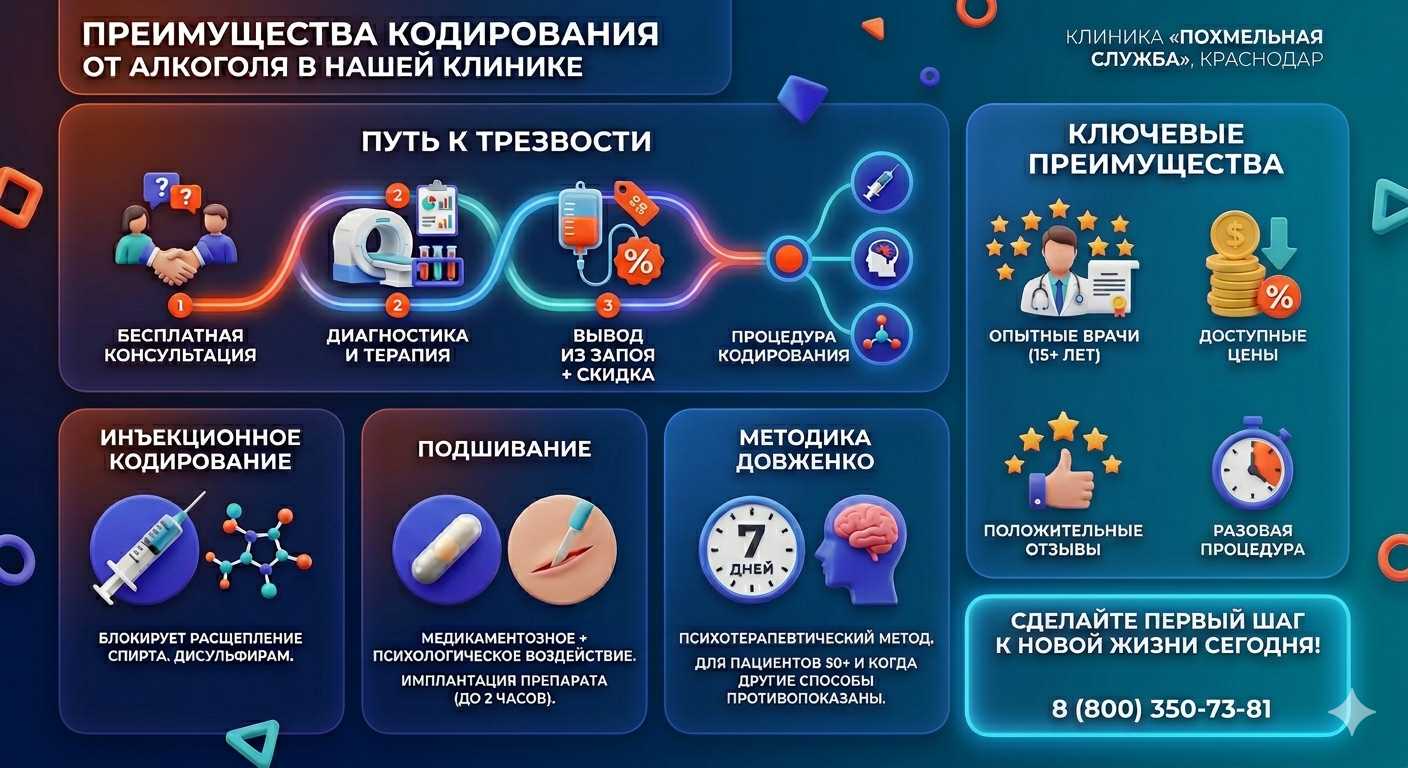 Инфографика о методах кодирования от алкоголя в Грязях: инъекции, подшивание, метод Довженко. Преимущества клиники и этапы лечения.