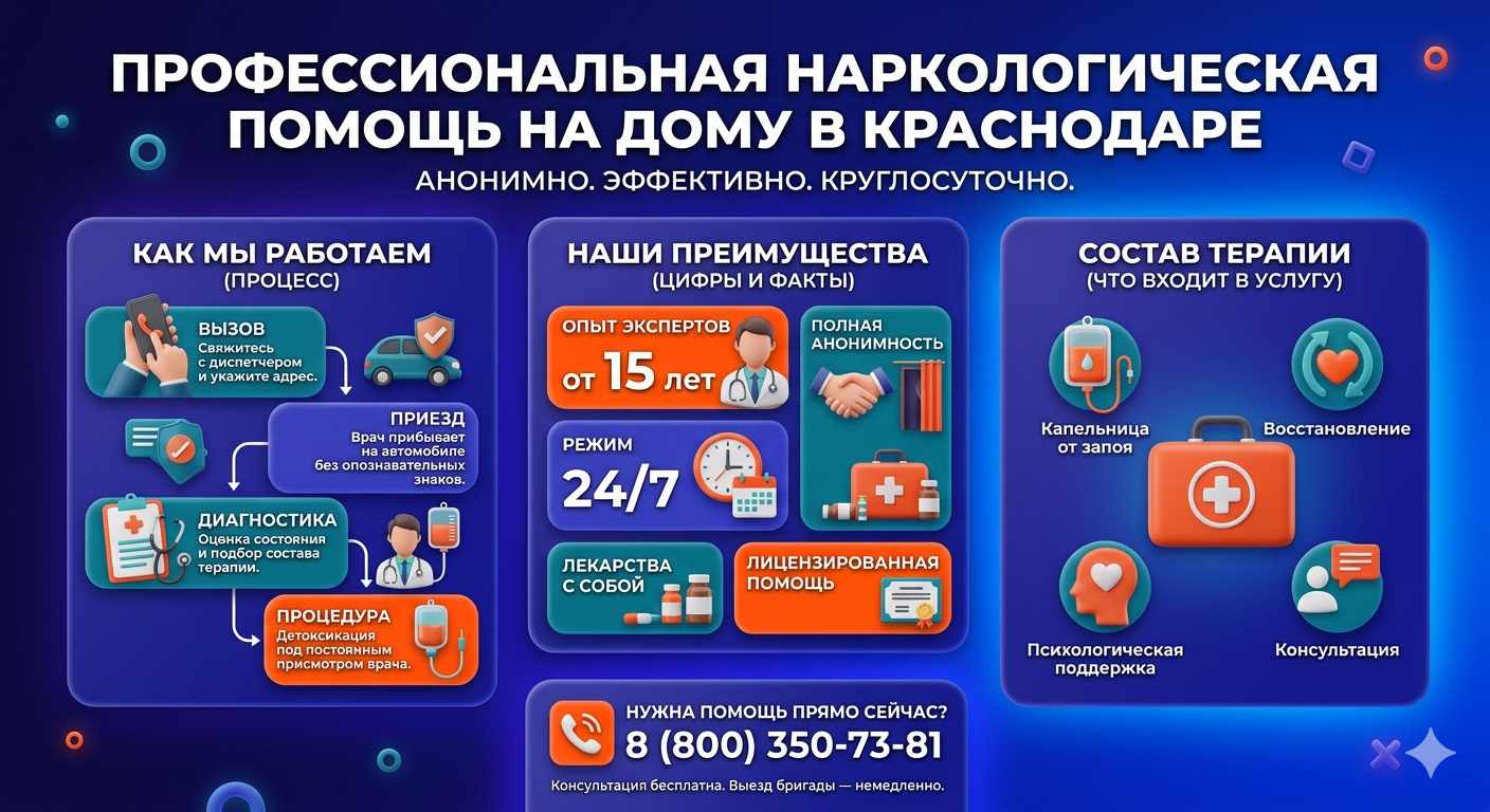Инфографика о принципах лечения алкоголизма на дому в Грязях: этапы вызова нарколога, преимущества анонимной детоксикации и состав медицинской помощи.